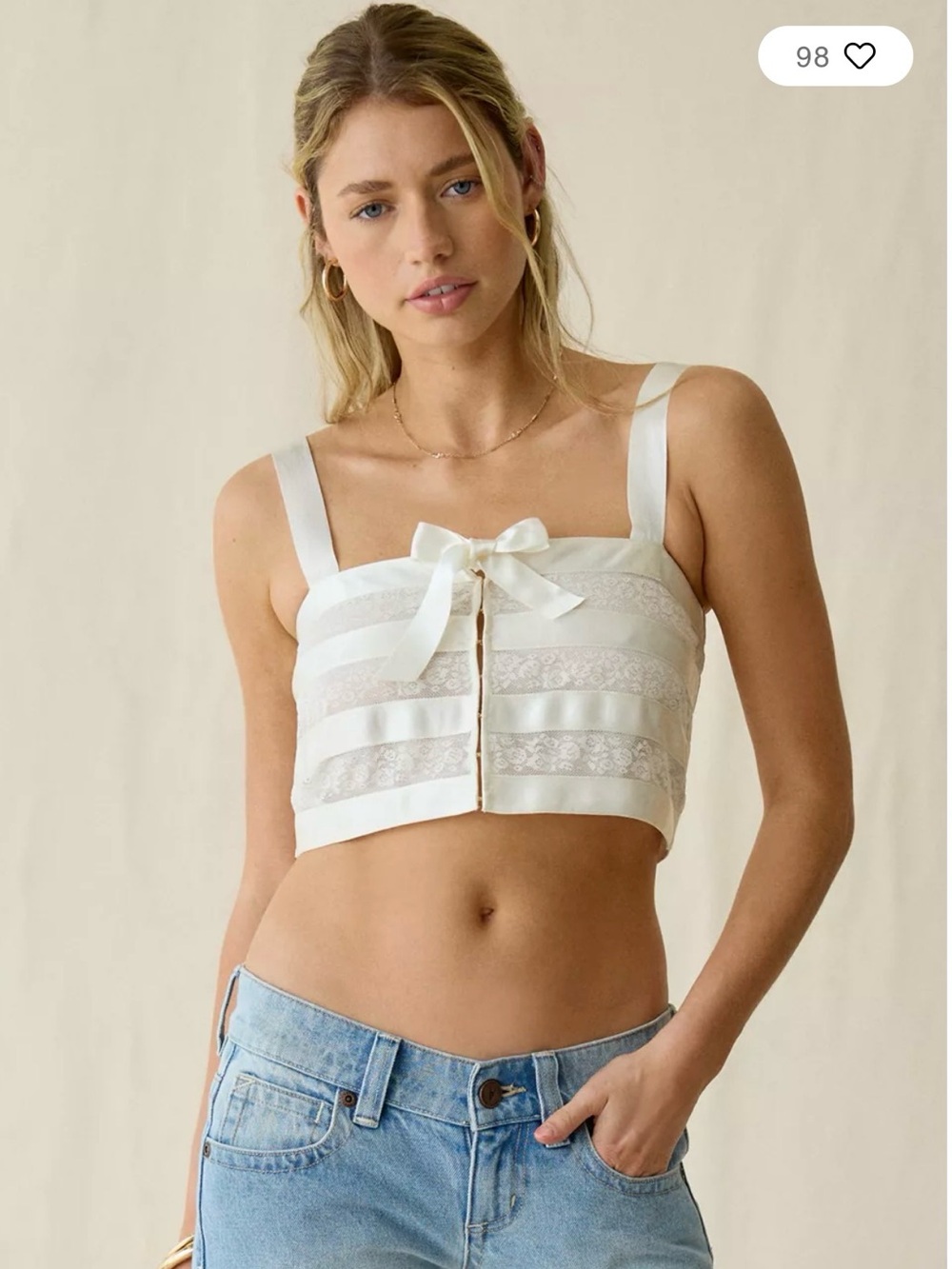 LoveShackFancy Cream Satin Lace-Trim Crop Top